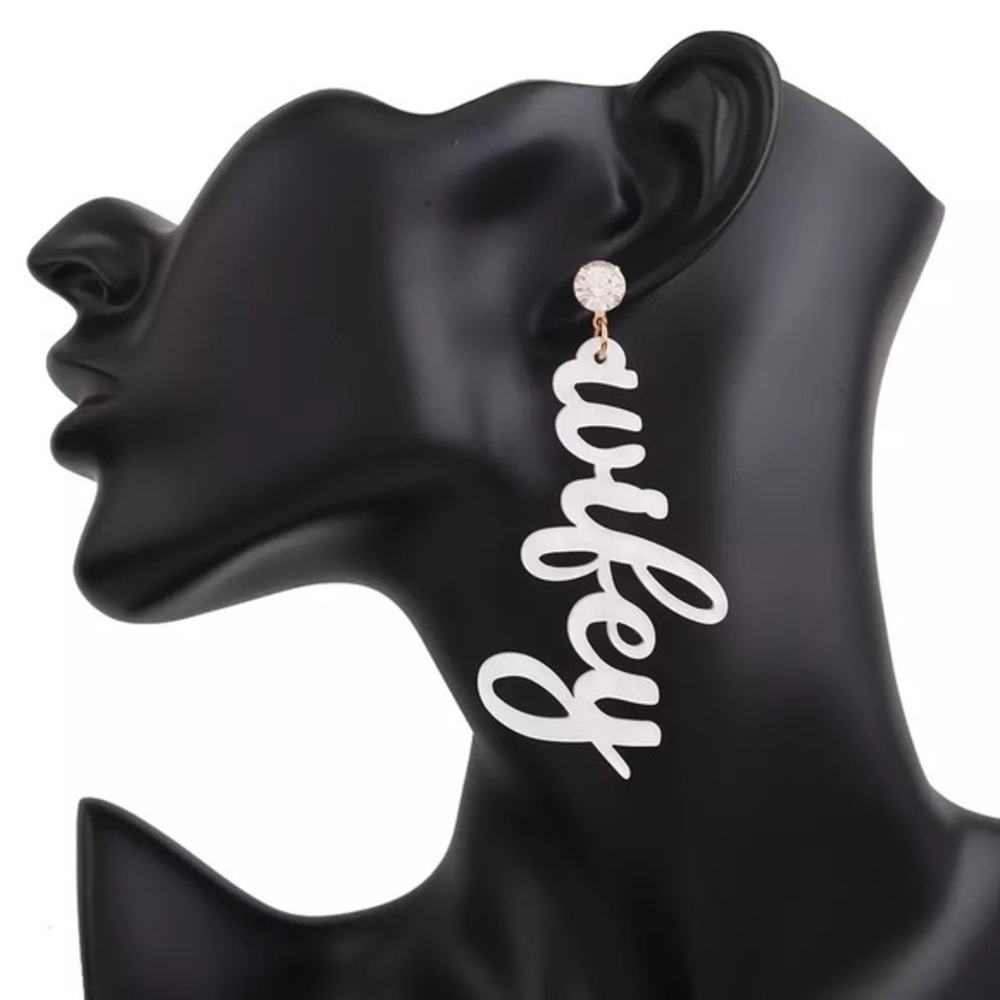 White transparent wifey earrings